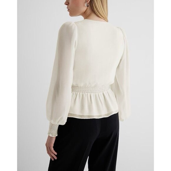 Express Women's V-Neck Smocked Cuff Peplum Top Long Sleeves Swan Size XS NWT $54 - Picture 4 of 16